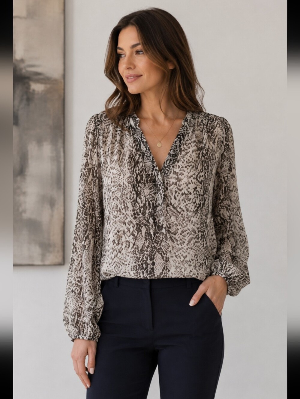 Saks Fifth Avenue Snake Skin Print Sheer Blouse Long Sleeve Vneck Sz Small